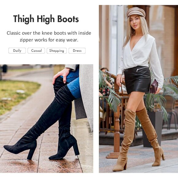 Women's Camel Brown Suede Inner Zipper Thigh High Over The Knee High Heel Boots - Picture 3 of 7